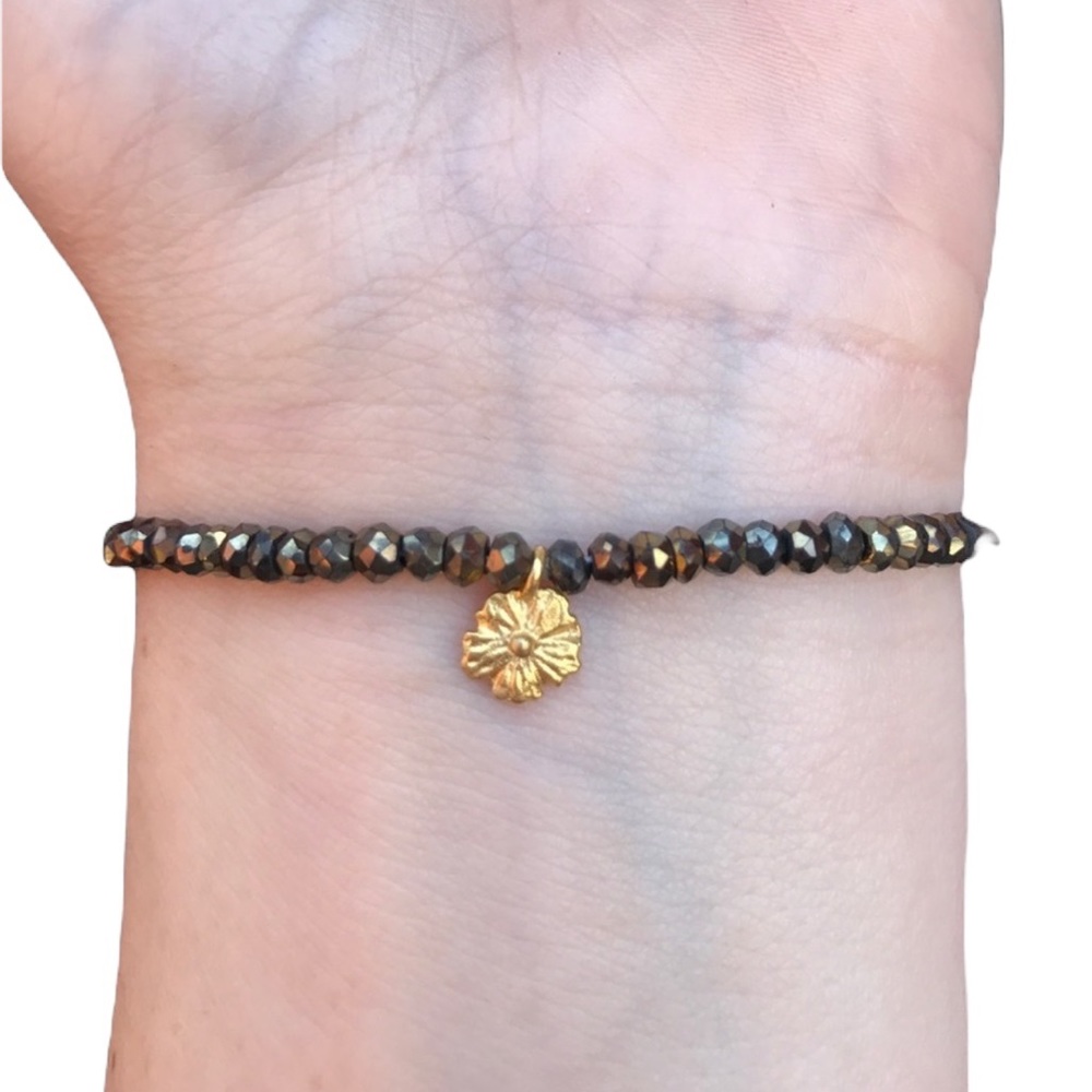Pyrite Beaded stretch Bracelet with flower charm